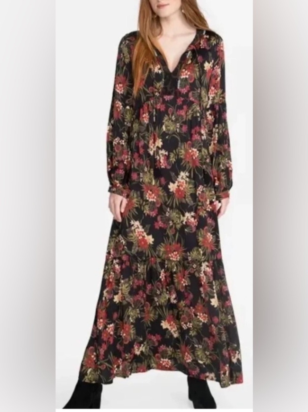 Johnny Was Black Floral Long-Sleeve Maxi Dress silk blend